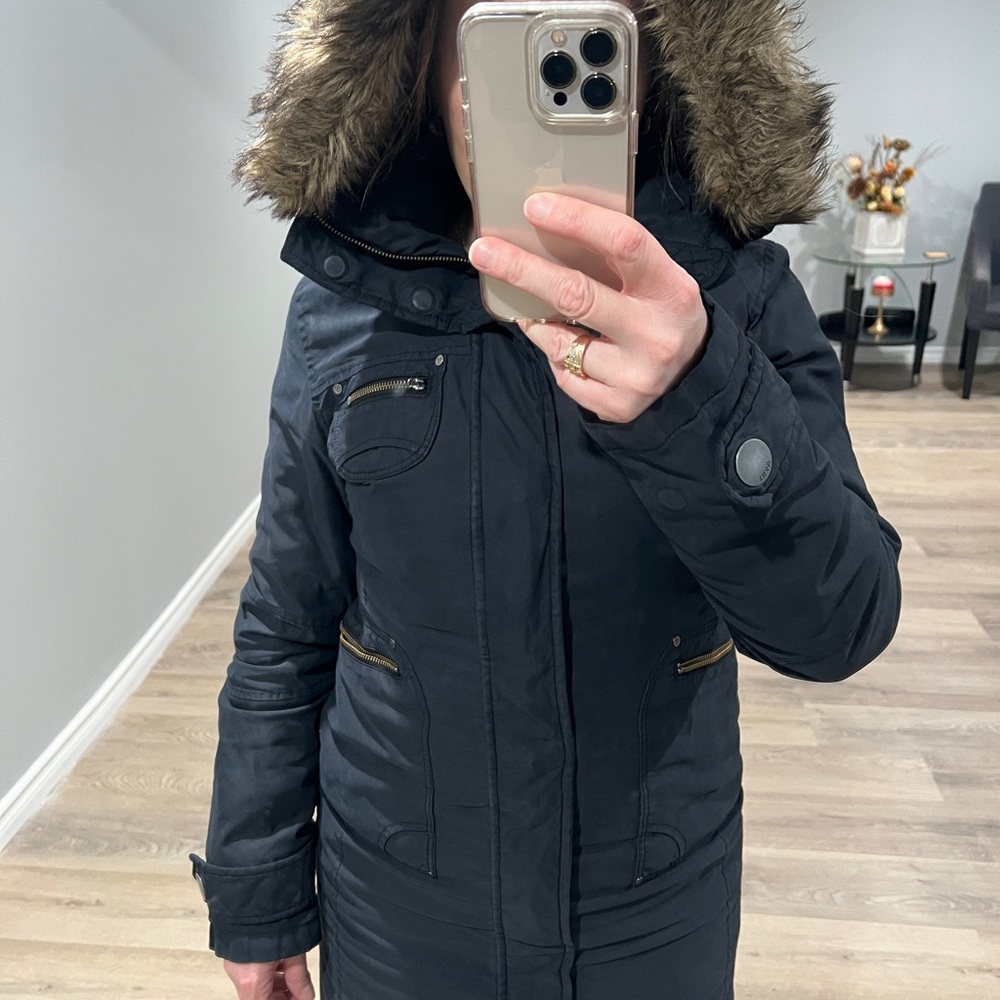 TNA Black Puffer Jacket with Fur Hood